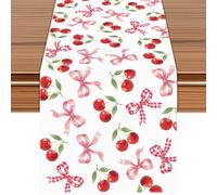 Chemin de table avec motif cerise rouge - Écharpe décorative en lin - Style bohème - Pour cuisine, salle à manger, table basse, fête, mariage, maison, divertissement et anniversaire (#1, 33 x 90 cm)