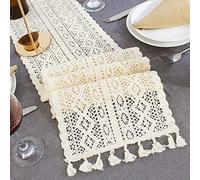 Chemin de table beige en dentelle au crochet avec pompons en coton pour décoration de mariage, nappe creuse, housse romantique, chemin de lit, sets de table (24 x 160 cm)