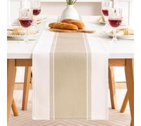 Chemin de Table Beige Modern en Mélange Coton-Lin 40x120cm, Table Runner Champetre, Nappes Rectangulaires Orné de Bande Beige pour la Décoration de Tables de Banquet Mariage Anniversaire Restaurant