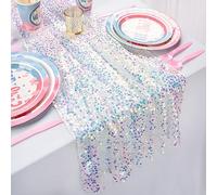 Chemin de Table Blanc : 63,5 x 304,8 cm de Long - Tissu à Paillettes irisées pour fête, Mariage, été, sirène, décorations d'anniversaire
