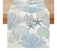 Chemin de Table Blanc Moderne Été Centre de Table Decorative Élégamment Étoile de Mer Hippocampe Océan Exterieur Impermeable Lavable Lin Décoration pour Fête Manger Vacances 40 x 140 cm