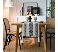 Chemin de table blanc pour la maison - 238,6 cm de long - Jacquard avec motif géométrique et pompons - Napperons brodés en jacquard polyester pour un usage quotidien, cuisine, salle à manger, table de