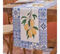 Chemin de Table Bleu Bohème Rectangulaire Feuille Citron Printemps Été Polyester Lavable Nappe Pique Nique Exterieur Jardin Décoratif pour Salle à Manger Vacances Cuisine Décoration Dîners 40x140cm