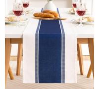 Chemin de Table Bleu Moderne en Mélange Coton-Lin 40x90cm, Nappes Rectangulaires Orné de Bande Bleu, pour la Décoration des Tables de Restaurant Basses Consoles et Table de Jardin Extérieur