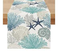 Chemin de Table Bleu Paon Moderne Été Centre de Table Decorative Élégamment Étoile de Mer Hippocampe Océan Exterieur Impermeable Lavable Lin Décoration pour Fête Manger Vacances 40 x 180 cm