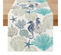 Chemin de Table Bleu Paon Moderne Été Centre de Table Decorative Élégamment Étoile de Mer Hippocampe Océan Exterieur Impermeable Lavable Lin Décoration pour Fête Manger Vacances 40 x 140 cm