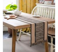 Chemin de table bohème à rayures avec pampilles - Noir kaki - 221 cm de long - Chemin de table rustique en coton et lin pour mariage, banquet, fête d'anniversaire, 35,6 x 221,4 cm
