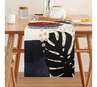Chemin de Table Boho Décoration de Table Abstraite Bleu Marine Or Coloré Moderne Géométrique Feuilles Plante Neutre Minimaliste Chemin de Table Table de Salle à Manger Décor 33 x 183 cm