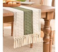 Chemin de Table Boho Vintage Chemin Table en Coton Lin Macramé Chemin Table Vert Sauge Coutures Bicolores Chemin de Table 30X140cm avec Glands pour Dîner, Fête, Vacances, Salle À Manger, Commode