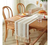 Chemin de Table,Chemin de Table Rustique en Lin Beige,Chemin de Table en Macramé avec Pompons pour Les Fêtes de Fin D'année et L'utilisation Quotidienne