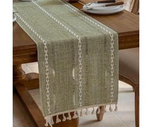 Chemin de table creux brodé saisonnier en mélange de polyester et lin pour tables de salle à manger de cuisine et de salle à manger en bleu 33 x 180 cm (vert)