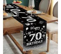 Chemin de table de 70e anniversaire - Noir et argenté - Décoration de table en lin antidérapant - Pour homme et femme de 70 ans - 183 cm de long