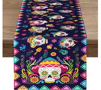Chemin de Table de Jour des Morts, Halloween Chemin de Table en Lin, Motif Crâne de Sucre et Fleurs, Longue Nappe de Table Dia De Los Muertos Décorations pour Cuisine Table Party de Mexique Halloween