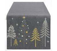 Chemin de table de Noël - 140 x 40 cm - Chemin de table gris avec arbres de Noël et étoiles blancs et dorés - Décoration de table festive pour l'hiver et l'Avent