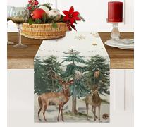 Chemin de Table de Noël Aquarelle Wapiti Flocon de Neige en Forme de Pin Lavable, Moderne, Hiver Nappe Exterieur Chemin Table Joyeux Noël Décoration de Table de Cuisine de Vacances 33X183cm