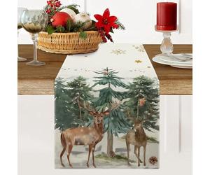 Chemin de Table de Noël Aquarelle Wapiti Flocon de Neige en Forme de Pin Lavable, Moderne, Hiver Nappe Exterieur Chemin Table Joyeux Noël Décoration de Table de Cuisine de Vacances 33X183cm