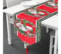 Chemin de Table de Noël avec Glands, Santa Claus Chemin de Table de Noël en Polyester Coton, Rouge Longue Nappe de Table de Noël pour Noël Table de Fête Dîner Décoration, Maison Cadeau Noël