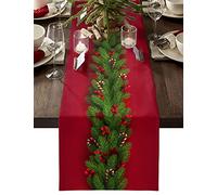Chemin de table de Noël de 152,4 cm de long, sapins de Noël en coton rouge, nappe de commode, écharpes pour tables de salle à manger, fêtes, décoration d'intérieur, décorations de table de houx,