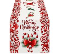 Chemin de Table de Noël en Lin Blanc - Décoration Festive Rectangulaire d'Excellente Qualité - Motif Sucre d'Orge pour la Maison