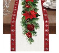 Chemin de Table de Noël en Lin Rouge - Imprimé Cloche, Arbre et Fleur Rouge - Décoration de Fête pour Dîner et Table (33 x 230 cm)