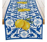 Chemin de Table décoratif en Carreaux Bleus Italiens pour Salle à Manger, Cuisine, Commode, fête, Vacances, Cadeau de Pendaison de crémaillère pour Femme, Couple, Nouvelle Maison, 33 x 183 cm