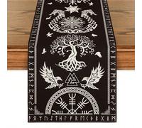 Chemin de table décoratif Viking avec corbeau, arbre de vie et casque de la fascination. Décoration de fête, de ferme, de cuisine et de salle à manger dans le style viking. 180x33cm,150x33cm,200x33cmP