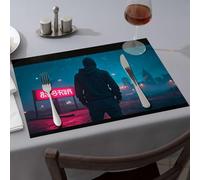 Chemin de table d'été « A Person in A Hoodie Standing Facing Away, Looking At A Neon Sign » - Sets de table de salle à manger, nappes, décorations de table de Pâques (4 pièces)