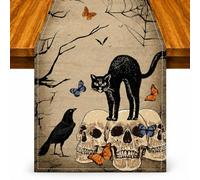 Chemin de table d'Halloween avec tête de mort, décoration de table | Chemin de table en lin de 33 x 183 cm pour nappe effrayante d'Halloween et décoration de table d'Halloween colorée pour les