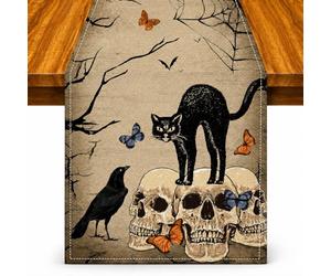 Chemin de table d'Halloween avec tête de mort, décoration de table | Chemin de table en lin de 33 x 183 cm pour nappe effrayante d'Halloween et décoration de table d'Halloween colorée pour les
