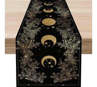 Chemin de table doré à motifs floraux, style bohème, fleurs sauvages, soleil et lune, ambiance gothique et mystique, idéal pour décorer une table basse, une cuisine, une salle à manger, une fête ou un