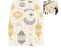 Chemin de table du Ramadan en polyester avec motif étoile et lune, imperméable et facile à nettoyer pour fête, fête de fin d'année, fête à la maison (blanc, 200 cm)