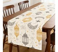 Chemin de table du Ramadan en polyester imperméable et facile à nettoyer - Motif étoiles et lune - Pour fête, maison, cuisine, salon, célébration - Blanc - 180 cm