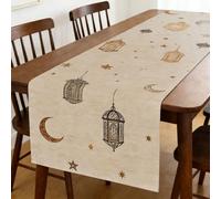 Chemin de table du Ramadan en polyester imperméable et facile à nettoyer pour décoration de fête Motif étoile et lune Marron 180 cm