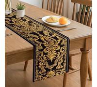 Chemin de table élégant noir et doré, style floral baroque vintage, décoration d'intérieur pour réunions de famille, fêtes de vacances, 33 x 183 cm