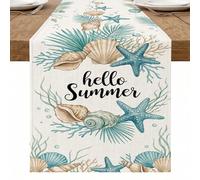 Chemin de table en coquillages côtiers, décoration de plage nautique pour salle à manger d'été, chemin de table Hello Summer pour la maison, les réunions de famille, 33 x 183 cm