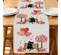 Chemin de table en forme de chat mignon avec ballons, motif floral fantaisie pour la Saint-Valentin, la cuisine, la salle à manger, les réunions de famille, 33 x 183 cm