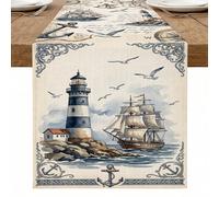 Chemin de table en forme de phare nautique vintage - Décoration d'intérieur côtière pour les dîners d'été - 33 x 183 cm
