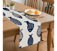 Chemin de table en forme de poisson nautique, motif côtier bleu pour décoration de salle à manger d'été et fournitures de fête sur la plage 33 x 183 cm