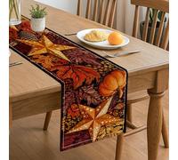 Chemin de table en forme d'étoile d'automne - Style vintage - Feuilles d'automne - Citrouille - Décoration pour la maison, les réunions de famille, les fêtes de fin d'année - 33 x 183 cm