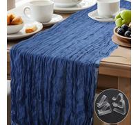 Chemin de table en gaze - 90 x 400 cm - Bleu poussiéreux - Style bohème transparent - Pour table de mariage - Tissu rustique - Pour douche de mariée - Avec 2 grandes pinces à nappe et 2 petites pinces