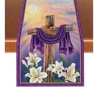 Chemin de Table en Lin « He is Risen » avec Croix chrétienne de Pâques, Printemps, été, décorations de fête et Fournitures pour la Maison et la Cuisine - 33 x 183 cm