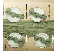 Chemin de Table et Serviettes en étamine Vert Sauge de Style bohème avec 12 Serviettes - Décoration de Table Rustique froissée pour Mariage, Anniversaire, dîners - 4 m