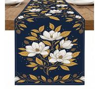 Chemin de table floral bleu marine, élégant motif magnolia blanc et feuilles dorées pour la décoration de la maison, parfait pour les réunions d'automne et les fêtes de fin d'année, 33 x 274 cm