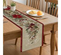 Chemin de table floral de Noël, motif rustique vintage poinsettia et baies pour vacances, cuisine, salle à manger, 33 x 183 cm
