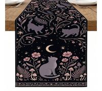 Chemin de table floral noir, motif chat vintage ciel nocturne pour la maison, les dîners de famille, décoration de fête d'automne, 33 x 183 cm