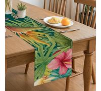 Chemin de table floral tropical, motif hibiscus vif et feuilles pour décoration de salle à manger d'été et réunions de famille 33 x 183 cm