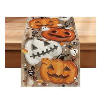 Chemin de table Halloween Orange, décoration de table Halloween, table de 6 à 8 personnes, 33 x 183 cm, tissu coton-lin, avec motifs de fantômes et citrouilles
