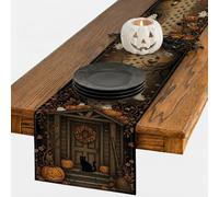 Chemin de table Halloween Scène maison hantée chat 33 x 274 cm | Thème maison hantée, chemin de buffet, citrouilles sculptées, balai rustique, feuillage d'automne, décoration d'intérieur