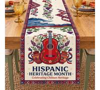 Chemin de table Hispanic Heritage Chili Culture Tribute Guitare 33 x 182,9 | Chemin de table pour console, illustration artistique, motif poterie traditionnelle, décoration de célébration culturelle