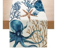 Chemin de table imprimé vie marine - Créatures océaniques d'été - Décoration en polyester - Pieuvre, étoile de mer, coquillages - Petite nappe pour salle à manger, table basse, fête de plage